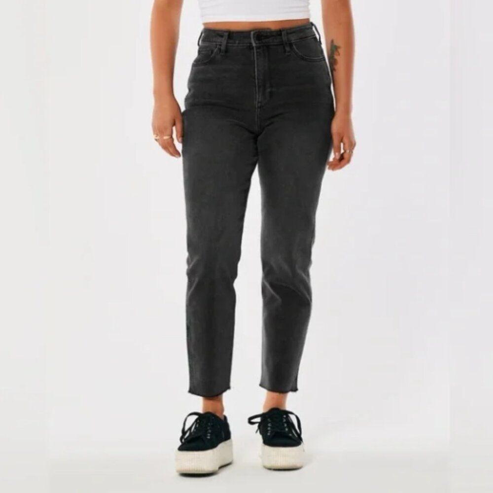 Hollister Ultra High Rise Mom Jeans Women 28 Long Black Straight Leg Denim